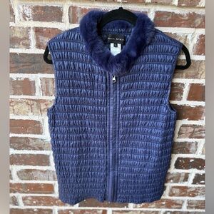 Dana Stein Blue Ruched Puffer Vest REX Rabbit Fur Trim Collar Size Large